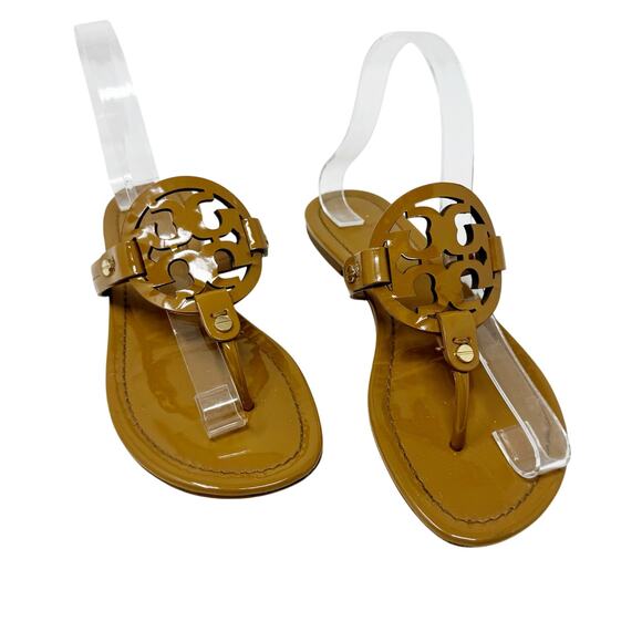 TORY BURCH Tan Caramel Patent Leather Miller Classic Designer Logo Sandals 6.5 - Picture 1 of 7